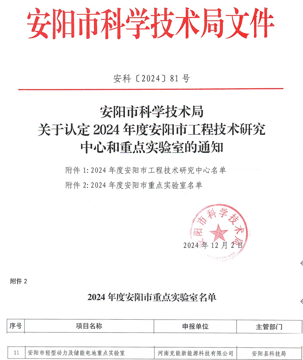 克能(néng)新能(néng)源實驗室被認定為(wèi)安陽市(shì)輕型動力及儲能(néng)電(diàn)池重點實驗室（2024年(nián)12月(yuè)2日(rì)）